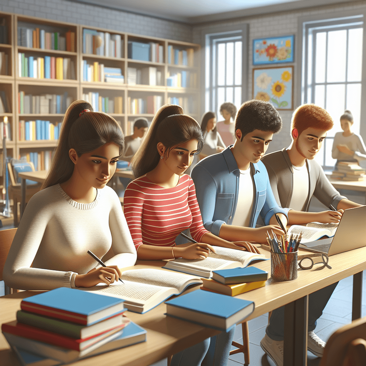 Cuatro estudiantes hispanos de diferentes géneros y edades colaboran en un aula luminosa y bien equipada. Están rodeados de libros, laptops y material