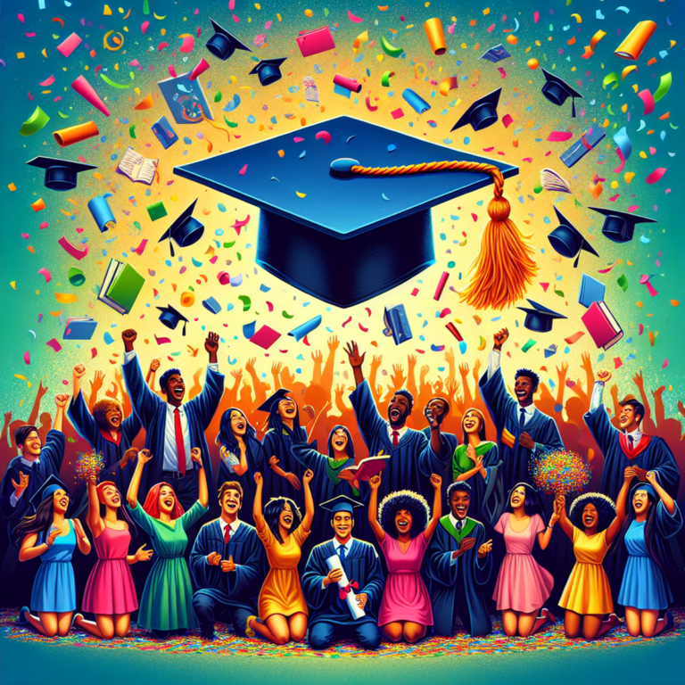 Un grupo diverso de estudiantes jubilosos celebrando su graduación, con un birrete de graduación rodeado de coloridos confetis en el centro.