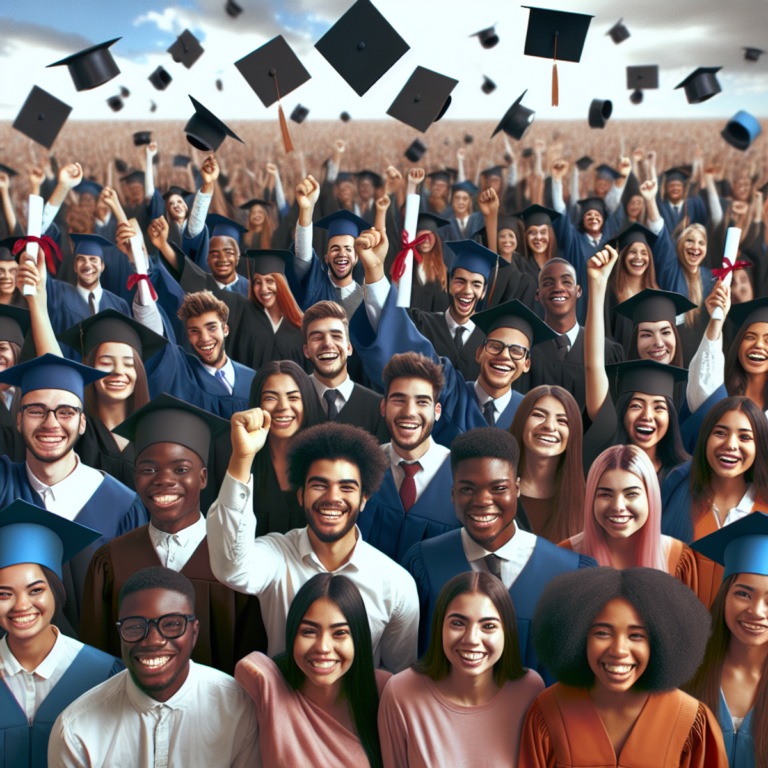 Un grupo diverso de estudiantes, todos con diferentes orígenes, celebrando su graduación al sostener sus birretes con amplias sonrisas en sus rostros.