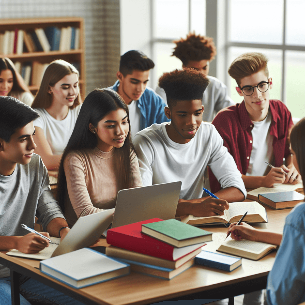 Una escena de aula brillante y acogedora con un grupo diverso de estudiantes de secundaria comprometidos en una sesión de estudio. La mesa está llena